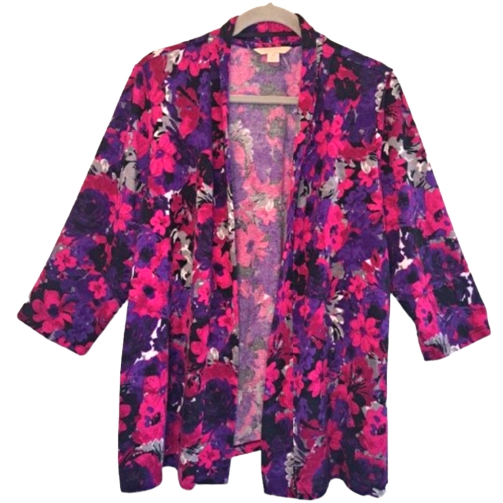 Laura Ashley Pink Purple Floral Open Front Cardigan Plus Size 2X